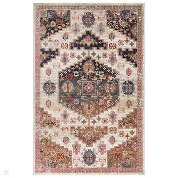 Zola Aras Traditional Persian Medallion Border Hi-Low Textured Cream/Brown/Pink/Blue/Multicolour Rug-Asiatic Carpets-Rug Love - The Most Loved Rug Store